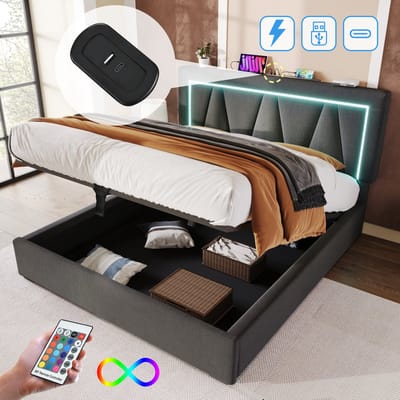 Gestoffeerd tweepersoonsbed met verstelbaar hoofdeinde en USB-C - Voor slaap- en tienerkamer 140x200 cm - Grijs/Beige - LED-verlichting met afstandsbediening - Hydraulische opbergbox - 360 kg draagvermogen