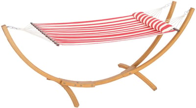 Vrijstaande eenpersoonshangmat met houten standaard, hoofdkussen, katoenen ligvlak, 310 x 118 x 120 cm, rood en wit