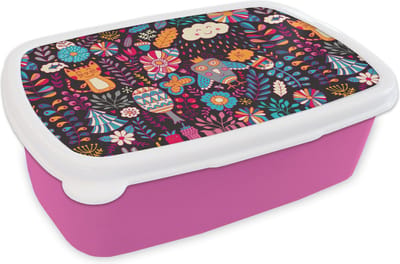 Broodtrommel Roze - Lunchbox - Brooddoos - Patroon - Uil - Kat - Bloemen - 18x12x6 cm - Kinderen - Meisje