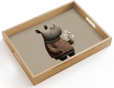 Dienblad hout 40x30 cm - Schootdienblad - Neushoorn - Witte bloemen - Lief - Borrelplank rechthoek - Plateau dienbladen
