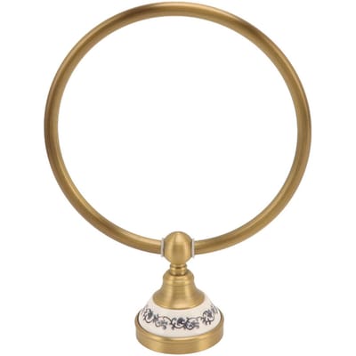Handdoekring Antiek Messing Afwerking Wandmontage Badkamer Handdoekhouder met Blauw en Wit Porseleinen Decal brown