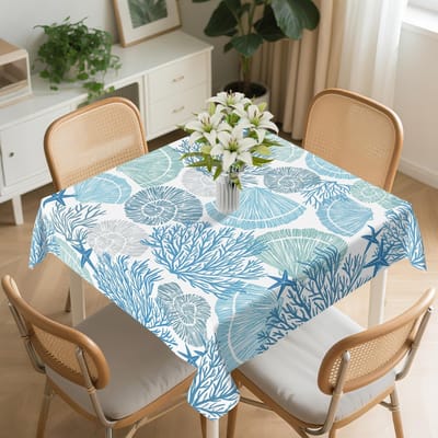Blauw Koraal Vierkante Tafelkleed Wasbaar Oceaan Strand Nautische Tafelkleed Cover voor Diner Feest Picknick 152x152cm