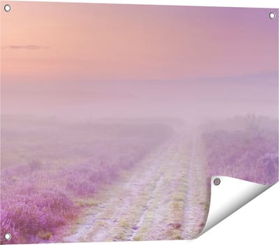 Gards Tuinposter Pad in de Weide tijdens de Mist - 80x60 cm - Tuindoek - Tuindecoratie - Wanddecoratie buiten - Tuinschilderij