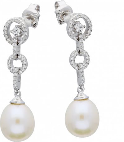 Classics&More pareloorhangers - zilver gerodineerd - zirkonia - witte zoetwaterparel - 30 x 9 mm
