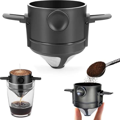 Koffiefilter - Koffiefilterhouder - Rvs Koffiefilter - Herbruikbaar - Koffie Dripper - Papierloos Giet Over Koffiedruppelaar - Geschikt Voor Handmatige Bereiding Van Permanente Koffie - Geschikt Voor Thuiskantoor, Reizen, Kamperen - Zwart - 1 Stuk
