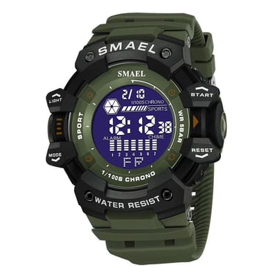 Shock bestendig Heren Horloge Zwart met Groene rubber band | Digitaal | Smael | Groen Wit | Glow in dark  | Mud Master | 8049 | Leger | Army | Grof | Licht | Rubberen band | Timer | shock Bestendig | Eyecatcher | Master|