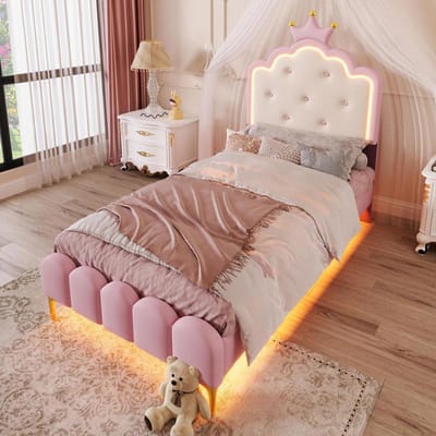 BLACK COLORS Gestoffeerd bed 90x200 cm met sfeerverlichting met afstandsbediening in de vorm van een kroonprinses PU Roze