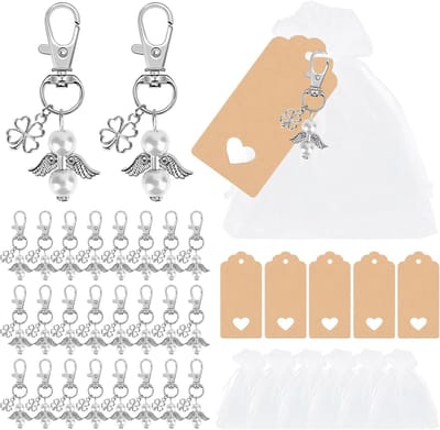 Beschermengel-hanger, bruiloft, 30 stuks, gastgeschenken, beschermengel, sleutelhanger met klavertje vier geluksbrenger, organza zak, kraftpapieren kaart voor bruiloft, doop, verjaardag