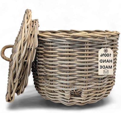 Slangbak met deksel - Rotan mand - Tuinslang opbergen - Handgemaakt van rotan - Tot 20 m slang - Natuurlijk rotan