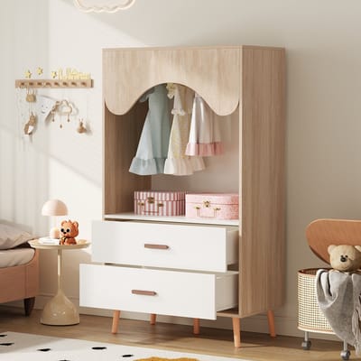 PHOEBE CAT Kinderkledingkast - met kledingstang - 2 lades - Spaanplaat - 80 × 46 × 141.5 cm - Wit + Naturel