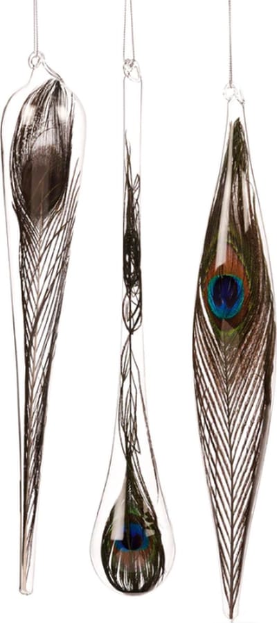 Decoratief figuur - Set van 3 glazen hangers met pauwenveer - ijspegel / druppel / kerst / pauw - 30 cm