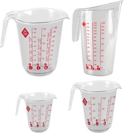4x Maatbekers met schenktuiten 0,2/0,5/1/1,4 liter - Kunststof maatbekers - Maaktbeker - Ingredienten afmeten