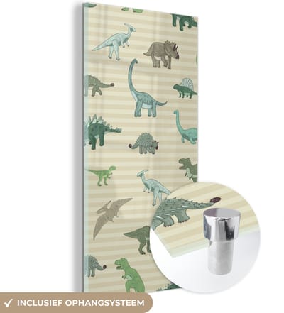MuchoWow® Glasschilderij 60x120 cm - Schilderij acrylglas - Dinosaurus - Bruin - Groen - Jongens - Meisjes - Kinderen - Foto op glas - Schilderijen