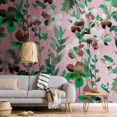 Fotobehang Profhome 382731-GU vliesbehang hardvinyl warmdruk in reliëf glad met bloemen patroon mat groen roze wit bruin 3,71 m x 2,8 m