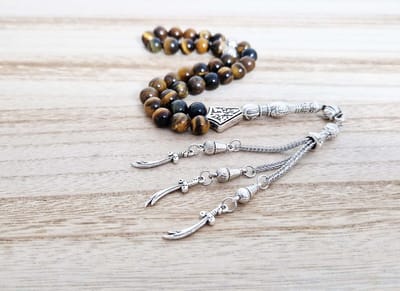 Handgemaakte tesbih "tasbih" natuursteen "Tijgeroog" - Aantal kralen 33 - Diameter kralen 8 MM - met metaal tassel "model 8" - Een mooi cadeau-idee