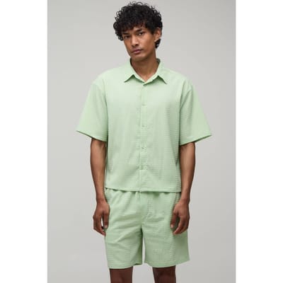 Gestreept Seersucker Oversized Boxy Shirt & Relaxed Short Set | Sage | Size XS