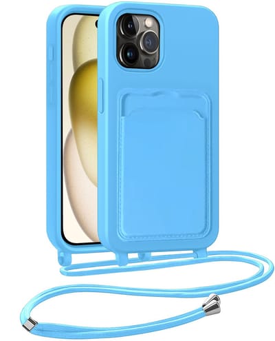 Hoesje Geschikt voor iPhone 14 Pro Telefoonhoesje Met Koord Case Pashouder Siliconen - Hoes Geschikt voor iPhone 14 Pro Hoesje Met Kaarthouder - Lichtblauw