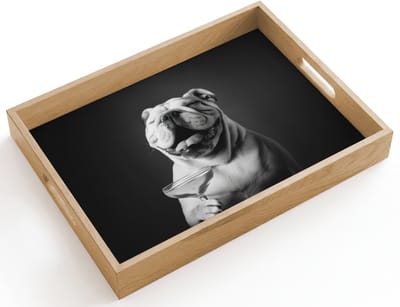 Dienblad hout 40x30 cm - Schootdienblad - Buldog - Hond - Glas - Borrelplank rechthoek - Plateau dienbladen