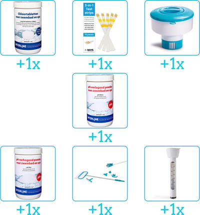 Zwembad Onderhoudspakket - Onderhoud Zwembad - bevat Chloor - Testrips - Chloordrijver - PH-min - PH-plus - Schoonmaakset en Thermometer (7-delig)