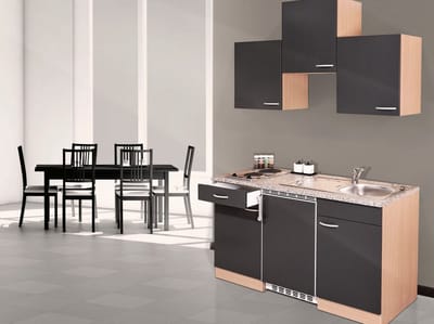 Goedkope keuken 150 cm - complete kleine keuken met apparatuur Gerda - Beuken/Grijs - keramische kookplaat - koelkast - mini keuken - compacte keuken - keukenblok met apparatuur