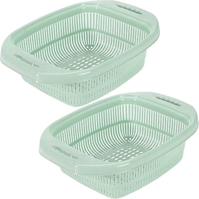 Hega Hogar keuken vergiet / zeef - 2x stuks - 39 x 27 x 12 cm - kunststof - met rand - Mintgroen - Eten schoonmaken / afgieten