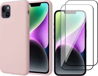Hoesje geschikt voor iPhone 14 - Matte Back Cover Microvezel Siliconen Case Hoes Roze - 2x Full Tempered Glass Screenprotector