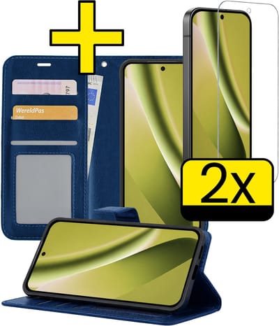 Hoesje - Met 2x Screenprotector - Geschikt voor Google Pixel 10a - Luxe Pasjeshouder - Bookcase Portemonee - Flip Case - Kunstleer Book Case - Flipcase Hoes - Book Cover - Walletcase - Portemonneehoes - Telefoonhoesjes - Donkerblauw