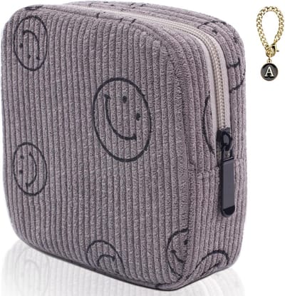 Maandverband Tas - Periode Pouch - Persoonlijke Hygiëne - Schattig Smiley Gezicht - Met Rits - Corduroy