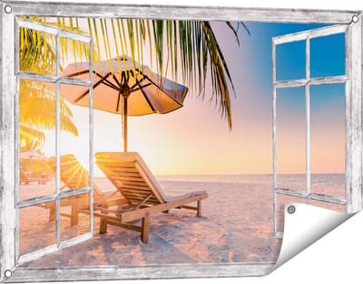 Gards Tuinposter Doorkijk Tropisch Strand tijdens Zonsondergang - 90x60 cm - Tuindoek - Tuindecoratie - Wanddecoratie buiten - Tuinschilderij