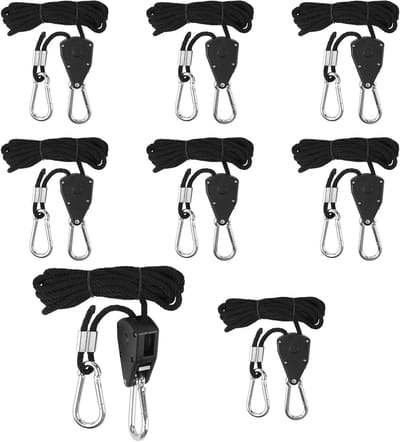 Pack van 8 Verstelbare Touwhangers, Kabelgeleiders en Ratchet Hangers voor Planten en Verlichting, 2 Meter, 1/8 Inch Touw