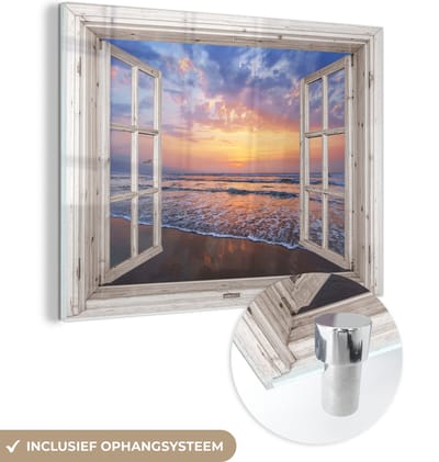 MuchoWow® Glasschilderij 40x30 cm - Schilderij acrylglas - Doorkijk - Zee - Strand - Zonsondergang - Blauw - Foto op glas - Muurdecoratie woonkamer - Wanddecoratie slaapkamer - Schilderijen