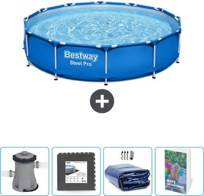 Bestway Rond Steel Pro Zwembad - 366 x 76 cm - Blauw - Inclusief Pomp Vloertegels - Solarzeil - Zwembadgids