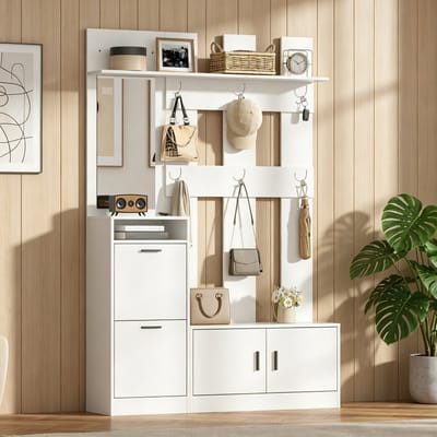 HAUSS SPOLE Schoenenkast - Entreekast Met Spiegel En Haken - Opbergruimte Voor Hal En Ingang - MDF - 120 x 30 x 180 Cm - Wit