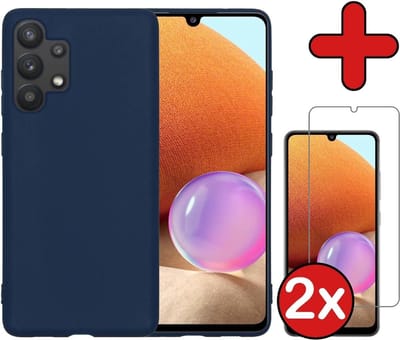 Hoesje - Met 2x Screenprotector - Geschikt voor Samsung Galaxy A32 4G - Sterk & Shockproof - Telefoon Hoes - Back Cover - Siliconen Case - Telefoonhoes - Donkerblauw