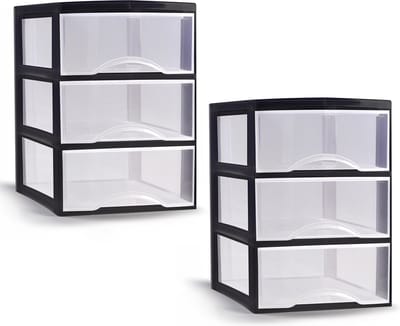 Plasticforte ladeblokje/bureau organizer - 2x - 3 lades - transparant/zwart - L26 x B36 x H37 cm