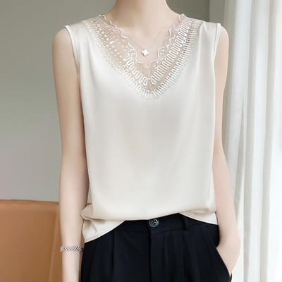 Kant Bloem V-hals Satijnen Vest Bretel voor Dames Afslankend Acetaat Effen Kleur Zomer Nieuwe Basis Mouwloze Top M beige
