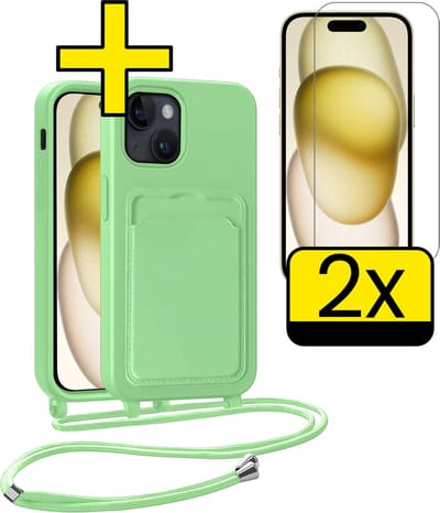 Hoesje Geschikt voor iPhone 14 Pro Max Telefoonhoesje Met Koord Case Pashouder Met 2x Screenprotector Siliconen - Hoes Geschikt voor iPhone 14 Pro Max Hoesje Met Kaarthouder - Groen