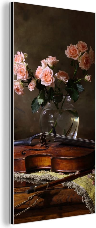 Aluminium schilderij 80x160 cm - Wanddecoratie metaal - Viool - Rozen - Roze - Bloemen - Stilleven - Metalen muurdecoratie woonkamer - Decoratie industrieel - Foto op dibond - Industriële accessoires slaapkamer