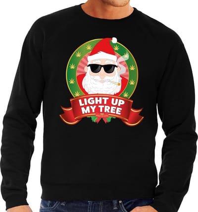 Foute kersttrui / sweater - zwart - blowende Kerstman Light Up My Tree heren S