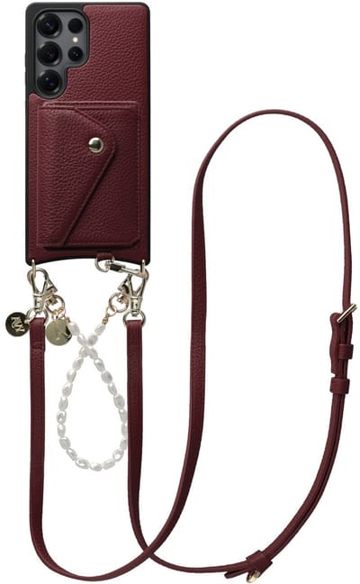 AVY Leren Hoesje geschikt voor Samsung Galaxy S25 Ultra | Met Koord en Magnetische Kaarthouder | Compatibel met MagSafe | Leather Case met 30CM & 130CM Koord & Wallet | Leather and Pearls | Burgundy