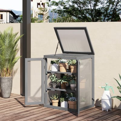 MEUNIQ kweekkas 58 x 44 x 78 cm met 2 deuren, opklapbaar dak en 2 uitneembare legplanken, tuinkas van hout en polycarbonaat voor terras of tuin, donkergrijs