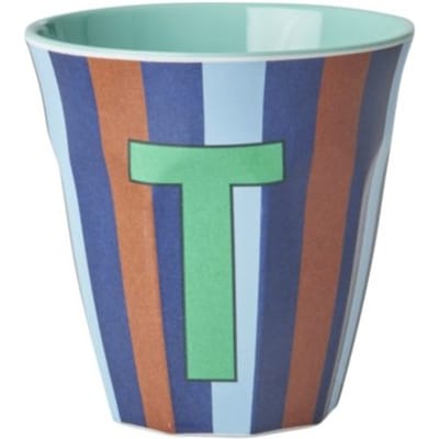 Rice melamine beker medium gestreept letter t, blauw