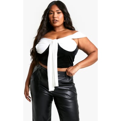 boohoo Dames Plus Mesh en Velvet Tie Front Bardot Korset Top | Zwart | Maat: 44