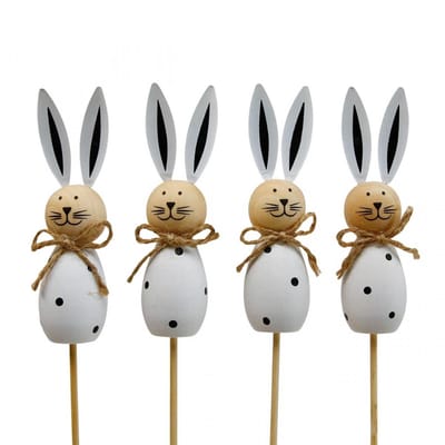 Houten paashaasjes met bloemen als stokjes, zwart/wit, 34 cm hoog, 4 s