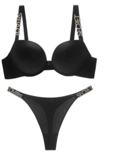 Beha set 20013 - Push up - Effen glanzend met steentjes - 85C zwart