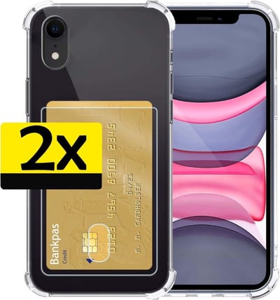 Hoesje - 2 Stuks - Geschikt voor Apple iPhone XR - Met Pashouder en Kaarthouder - Telefoon Hoes Shockproof - Siliconen Case - Back Cover - Shock Proof - Pasjes Houder - Telefoonhoesjes - Transparant