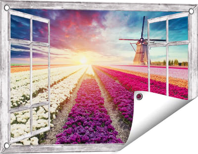 Gards Tuinposter Doorkijk Kleurrijke Tulpen Bloemenveld - Windmolen - 60x40 cm - Tuindoek - Tuindecoratie - Wanddecoratie buiten - Tuinschilderij