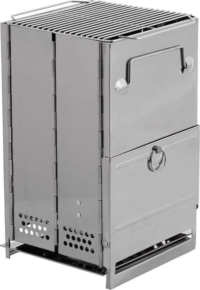 Fox outdoor Rocket Stove - Buitenkachel - RVS - opvouwbaar met grill - medium - ca. 35 x 20 x 20 cm (H x B x D)
