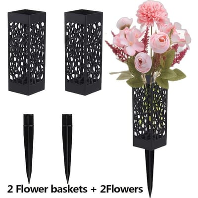 2 bouquets de fleurs artificielles de cimetière et 2 paniers de fleurs pour cimetière, hortensia rose clair mélangé à des bouquets de fleurs artificielles 2 flower baskets + 2 flowers