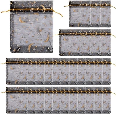 Set van 30 Organza Geschenktasjes met Treksluiting voor Trouwen, Feest en Cadeaus - 7 x 9 cm, Zwart met Hot Print
